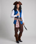Men's pirate costume with blue vest, white shirt, brown pants, belts and plaid sash