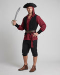 Men's pirate Halloween costume with burgundy shirt, black vest panels, brown belt and black knee-length breeches
