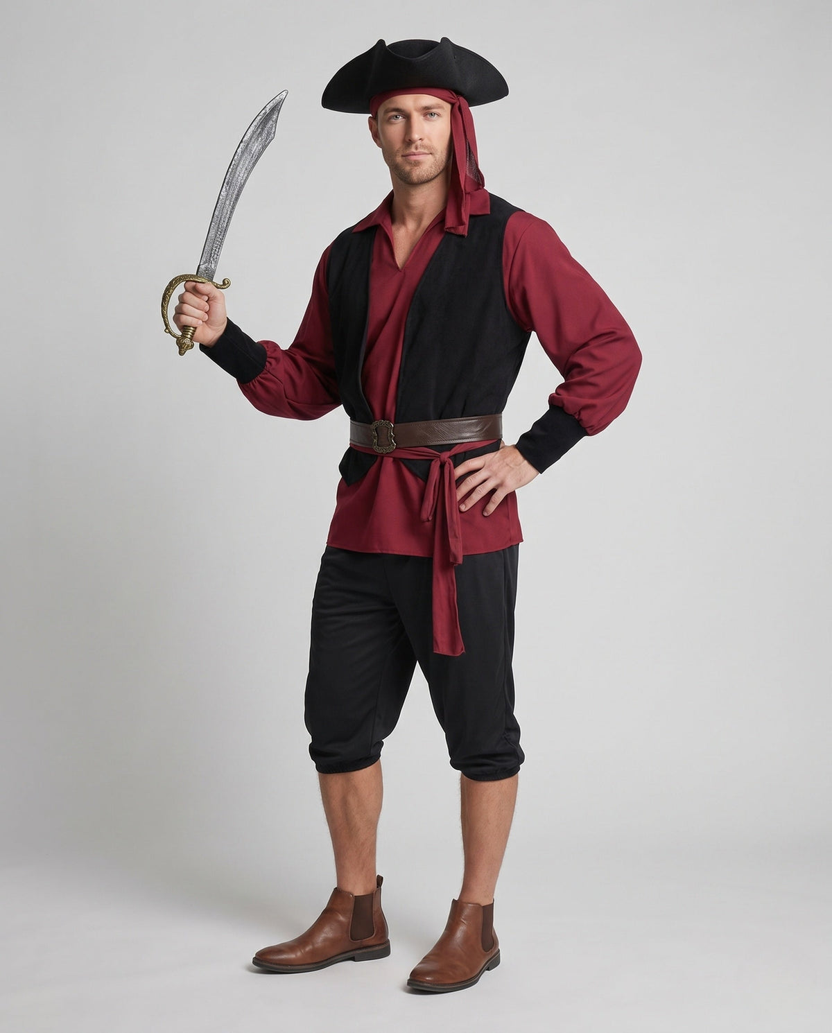 Men's pirate Halloween costume with burgundy shirt, black vest panels, brown belt and black knee-length breeches