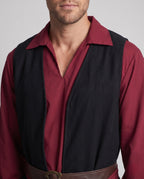 Men's pirate Halloween costume with burgundy shirt, black vest panels, brown belt and black knee-length breeches - view 2