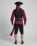 Men's pirate Halloween costume with burgundy shirt, black vest panels, brown belt and black knee-length breeches - view 3