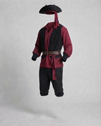 Men's pirate Halloween costume with burgundy shirt, black vest panels, brown belt and black knee-length breeches - view 4