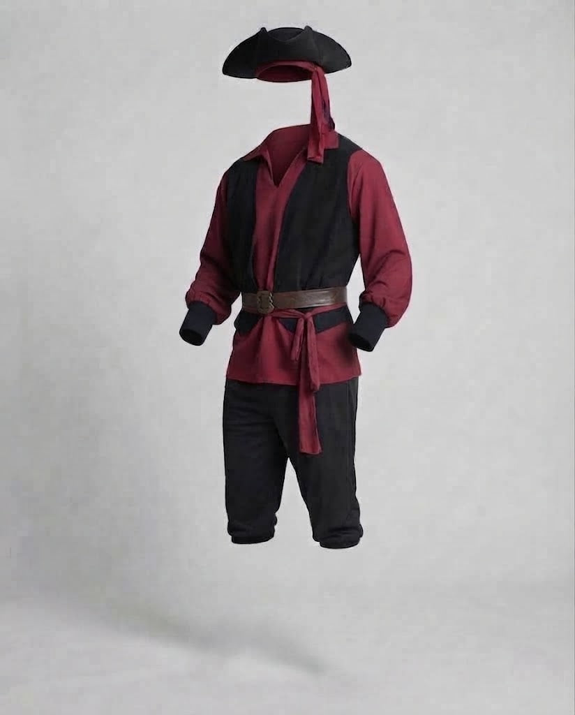 Men's pirate Halloween costume with burgundy shirt, black vest panels, brown belt and black knee-length breeches - view 4