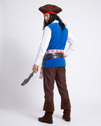 Men's pirate costume with blue vest, white shirt, brown pants, belts and plaid sash - view 3
