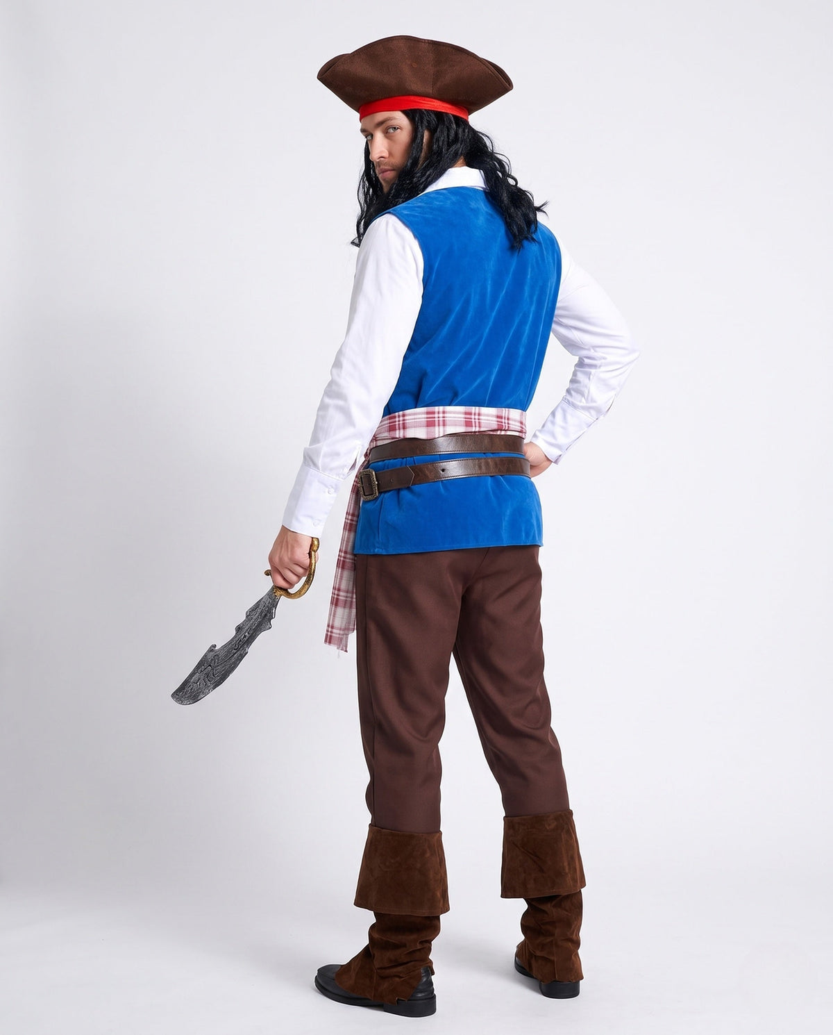 Men's pirate costume with blue vest, white shirt, brown pants, belts and plaid sash - view 3