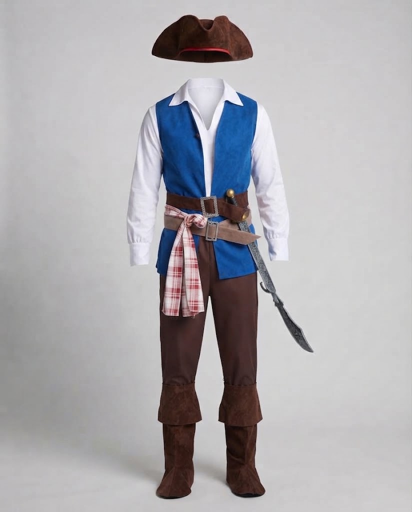 Men's pirate costume with blue vest, white shirt, brown pants, belts and plaid sash - view 4