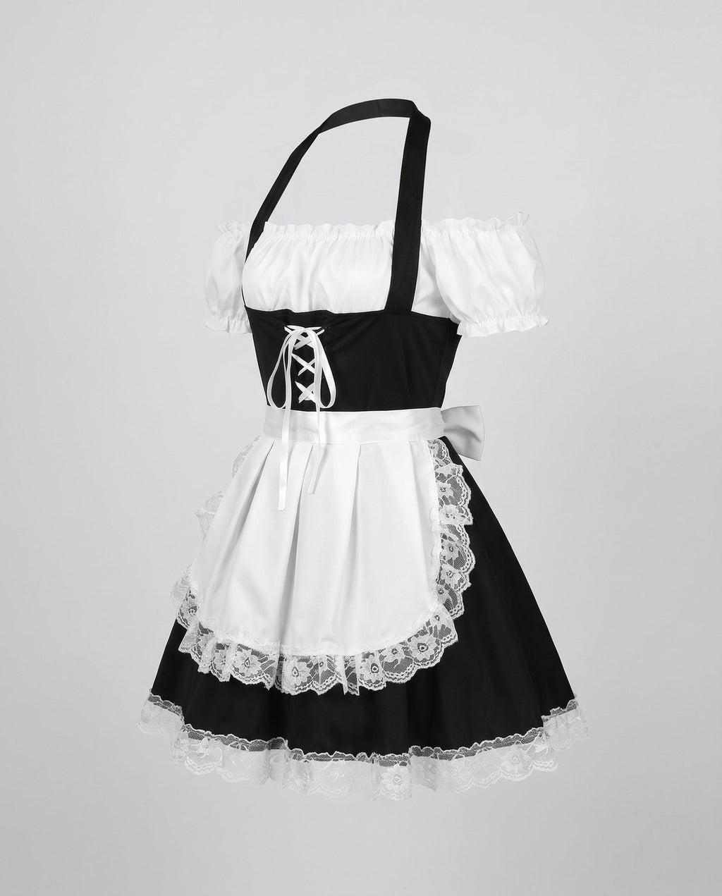 Women's black and white maid costume with lace-up corset bodice, puff sleeves and lace-trimmed apron - view 4