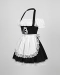 Women's black and white maid costume with lace-up corset bodice, puff sleeves and lace-trimmed apron - view 4