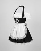 Women's black and white maid costume with lace-up corset bodice, puff sleeves and lace-trimmed apron - view 4
