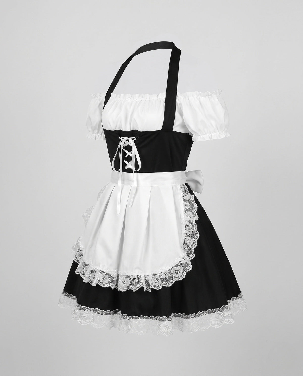Women's black and white maid costume with lace-up corset bodice, puff sleeves and lace-trimmed apron - view 4
