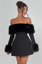Black off-shoulder mini dress with faux fur bardot neckline and faux fur cuffs - view 10