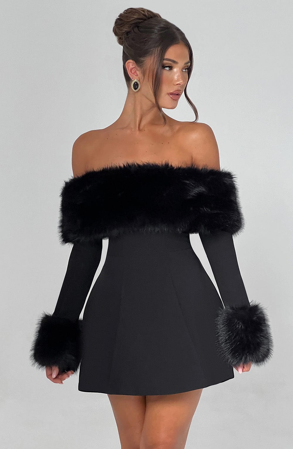 Black off-shoulder mini dress with faux fur bardot neckline and faux fur cuffs - view 10