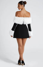 Black off-shoulder mini dress with faux fur bardot neckline and faux fur cuffs - view 11