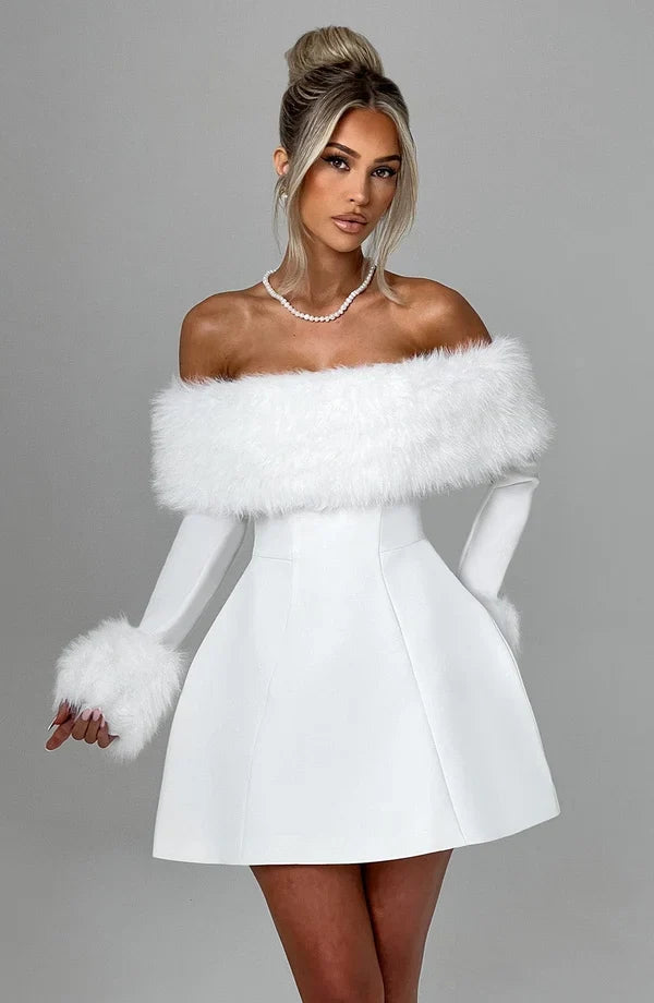 Black off-shoulder mini dress with faux fur bardot neckline and faux fur cuffs - view 13