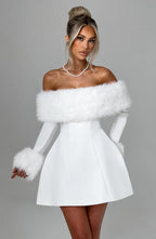 Black off-shoulder mini dress with faux fur bardot neckline and faux fur cuffs - view 13