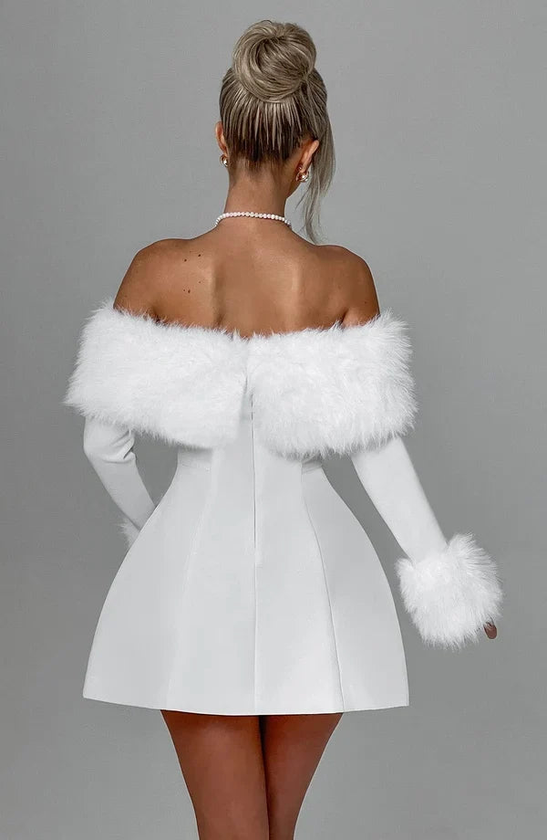 Black off-shoulder mini dress with faux fur bardot neckline and faux fur cuffs - view 14