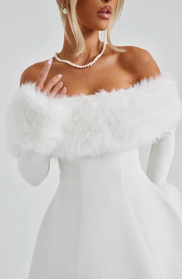 Black off-shoulder mini dress with faux fur bardot neckline and faux fur cuffs - view 15