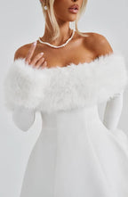 Black off-shoulder mini dress with faux fur bardot neckline and faux fur cuffs - view 15