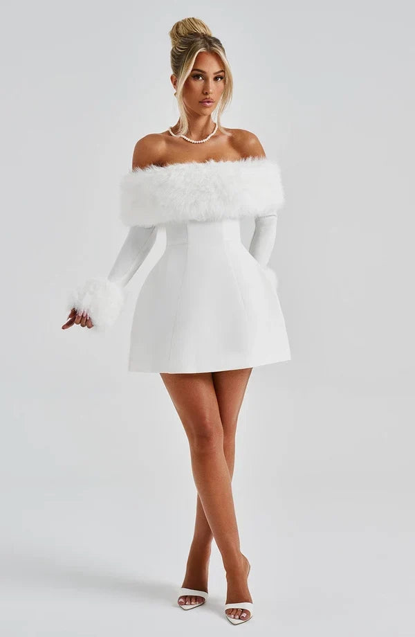 Black off-shoulder mini dress with faux fur bardot neckline and faux fur cuffs - view 16