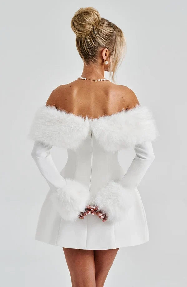 Black off-shoulder mini dress with faux fur bardot neckline and faux fur cuffs - view 18