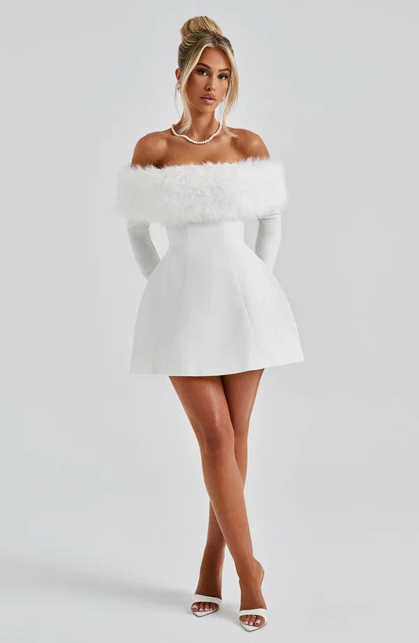 Black off-shoulder mini dress with faux fur bardot neckline and faux fur cuffs - view 19