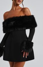 Black off-shoulder mini dress with faux fur bardot neckline and faux fur cuffs - view 2
