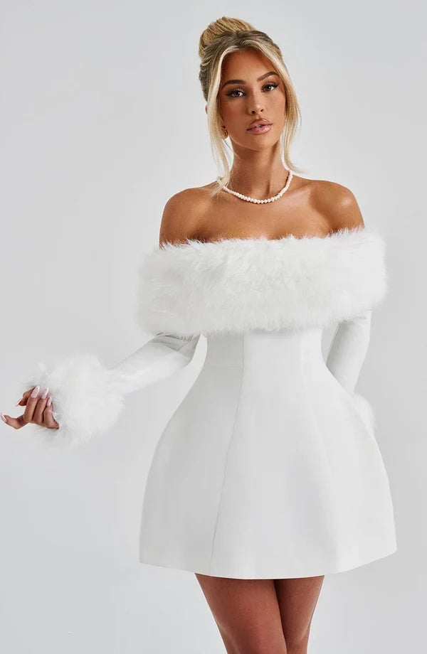 Black off-shoulder mini dress with faux fur bardot neckline and faux fur cuffs - view 20