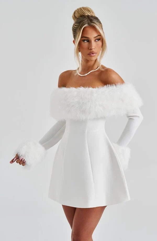 Black off-shoulder mini dress with faux fur bardot neckline and faux fur cuffs - view 21