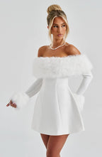 Black off-shoulder mini dress with faux fur bardot neckline and faux fur cuffs - view 21
