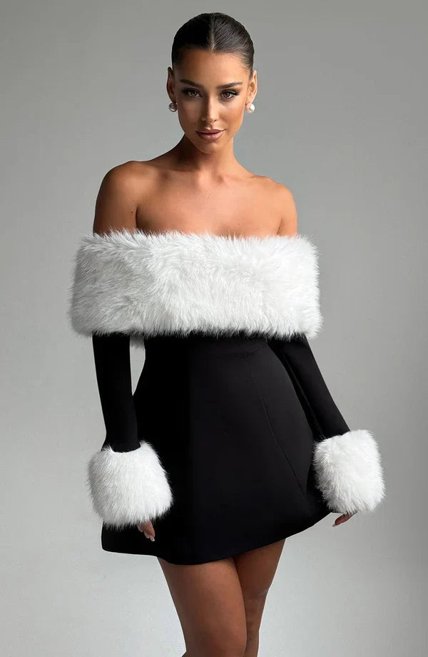 Black off-shoulder mini dress with faux fur bardot neckline and faux fur cuffs - view 22