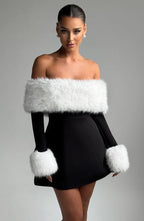 Black off-shoulder mini dress with faux fur bardot neckline and faux fur cuffs - view 22