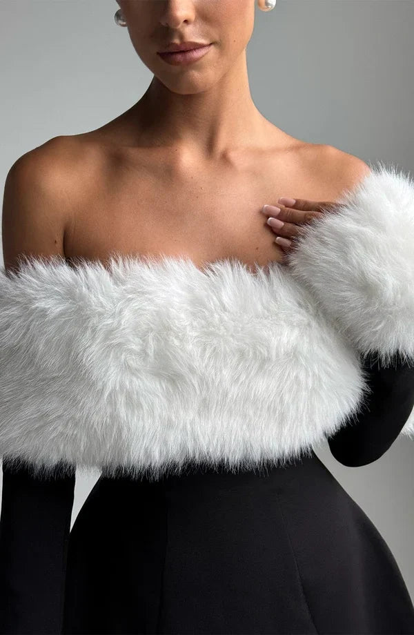 Black off-shoulder mini dress with faux fur bardot neckline and faux fur cuffs - view 24