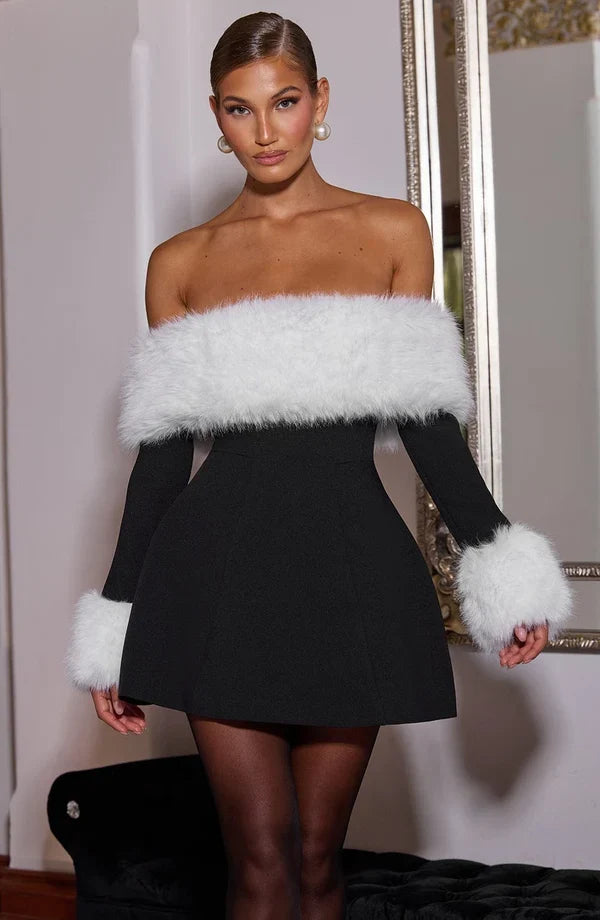 Black off-shoulder mini dress with faux fur bardot neckline and faux fur cuffs - view 25