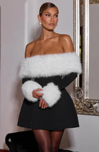 Black off-shoulder mini dress with faux fur bardot neckline and faux fur cuffs - view 27