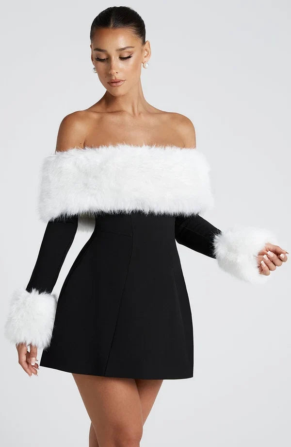 Black off-shoulder mini dress with faux fur bardot neckline and faux fur cuffs - view 28
