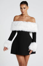 Black off-shoulder mini dress with faux fur bardot neckline and faux fur cuffs - view 29