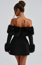 Black off-shoulder mini dress with faux fur bardot neckline and faux fur cuffs - view 3
