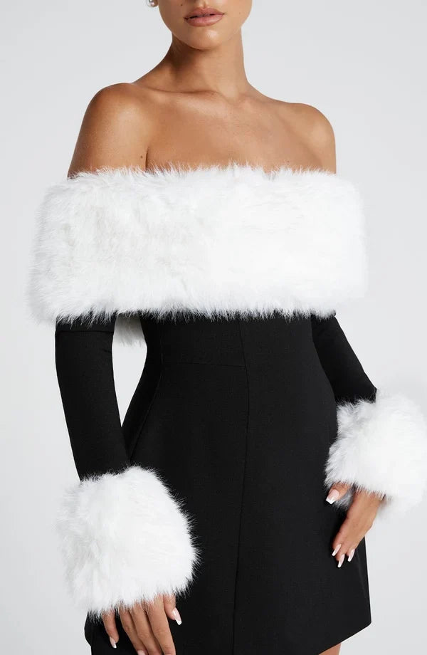 Black off-shoulder mini dress with faux fur bardot neckline and faux fur cuffs - view 30