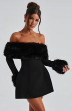 Black off-shoulder mini dress with faux fur bardot neckline and faux fur cuffs - view 4
