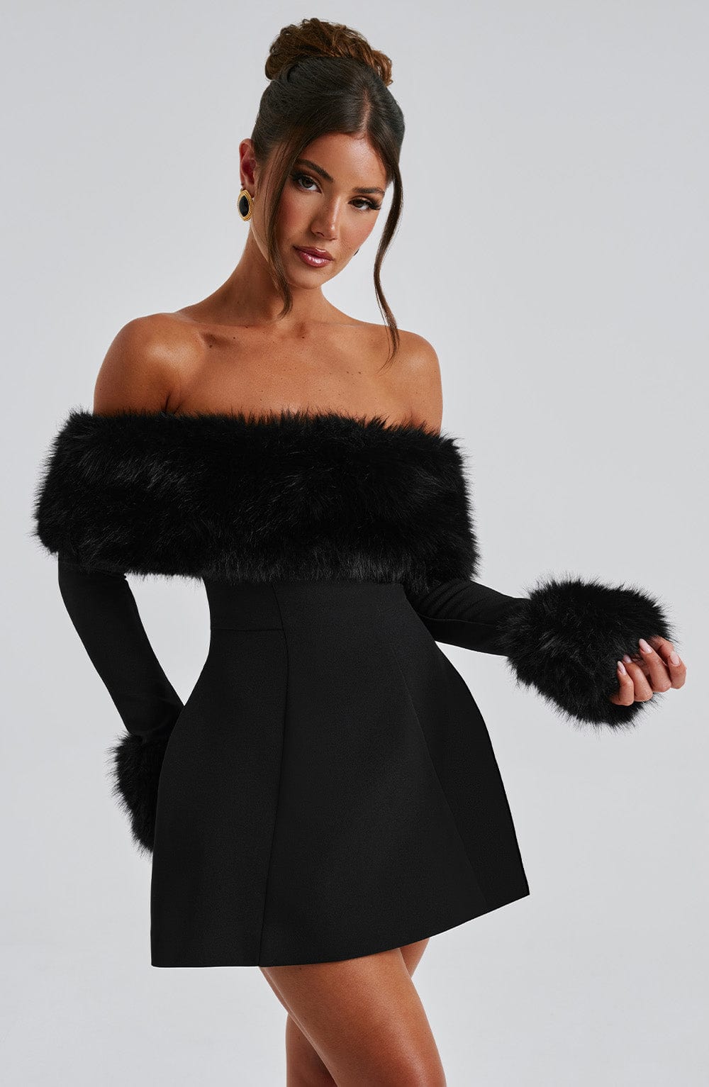 Black off-shoulder mini dress with faux fur bardot neckline and faux fur cuffs - view 4