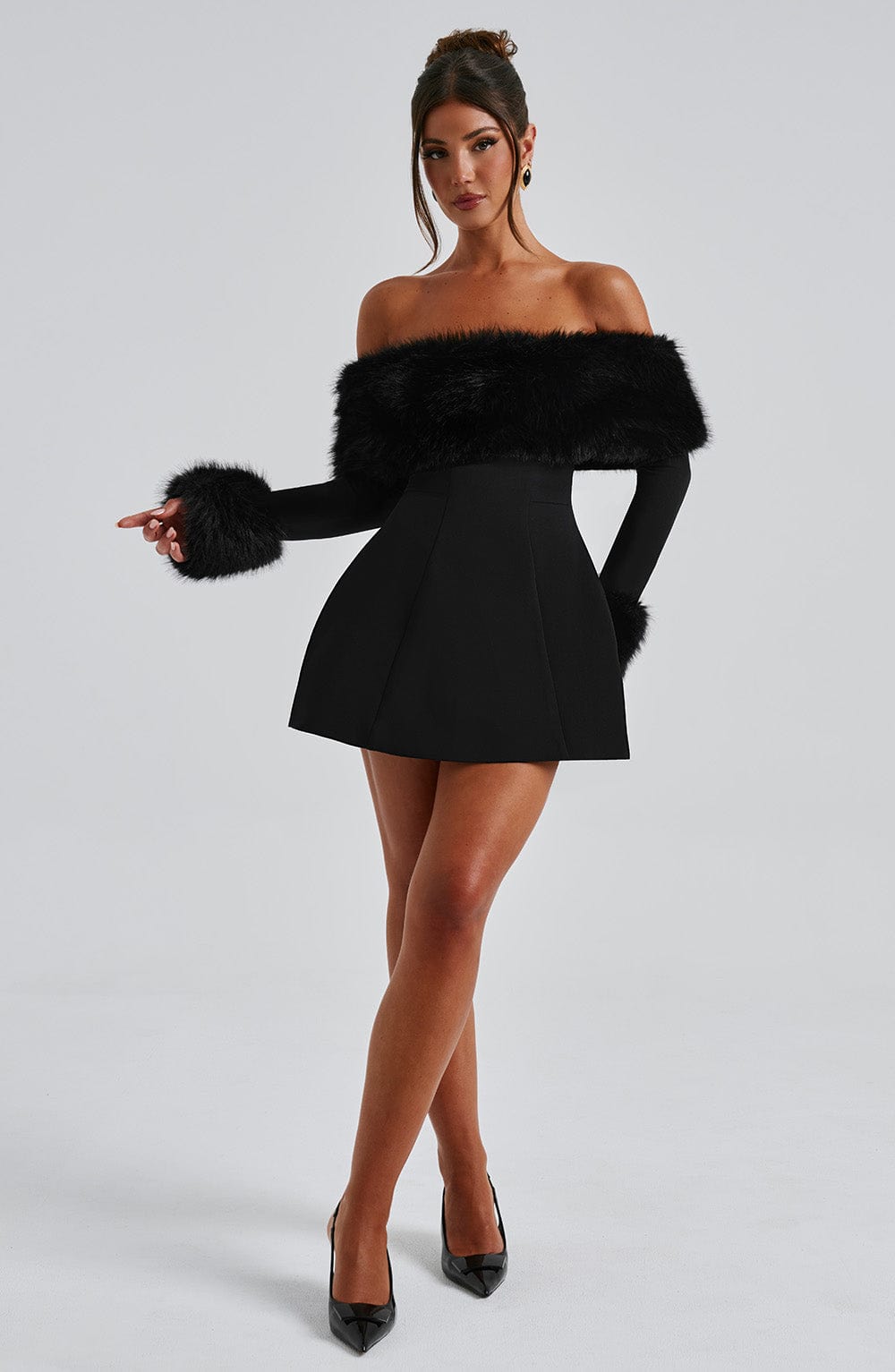 Black off-shoulder mini dress with faux fur bardot neckline and faux fur cuffs - view 5