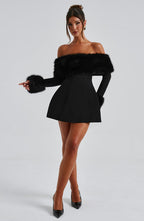 Black off-shoulder mini dress with faux fur bardot neckline and faux fur cuffs - view 5