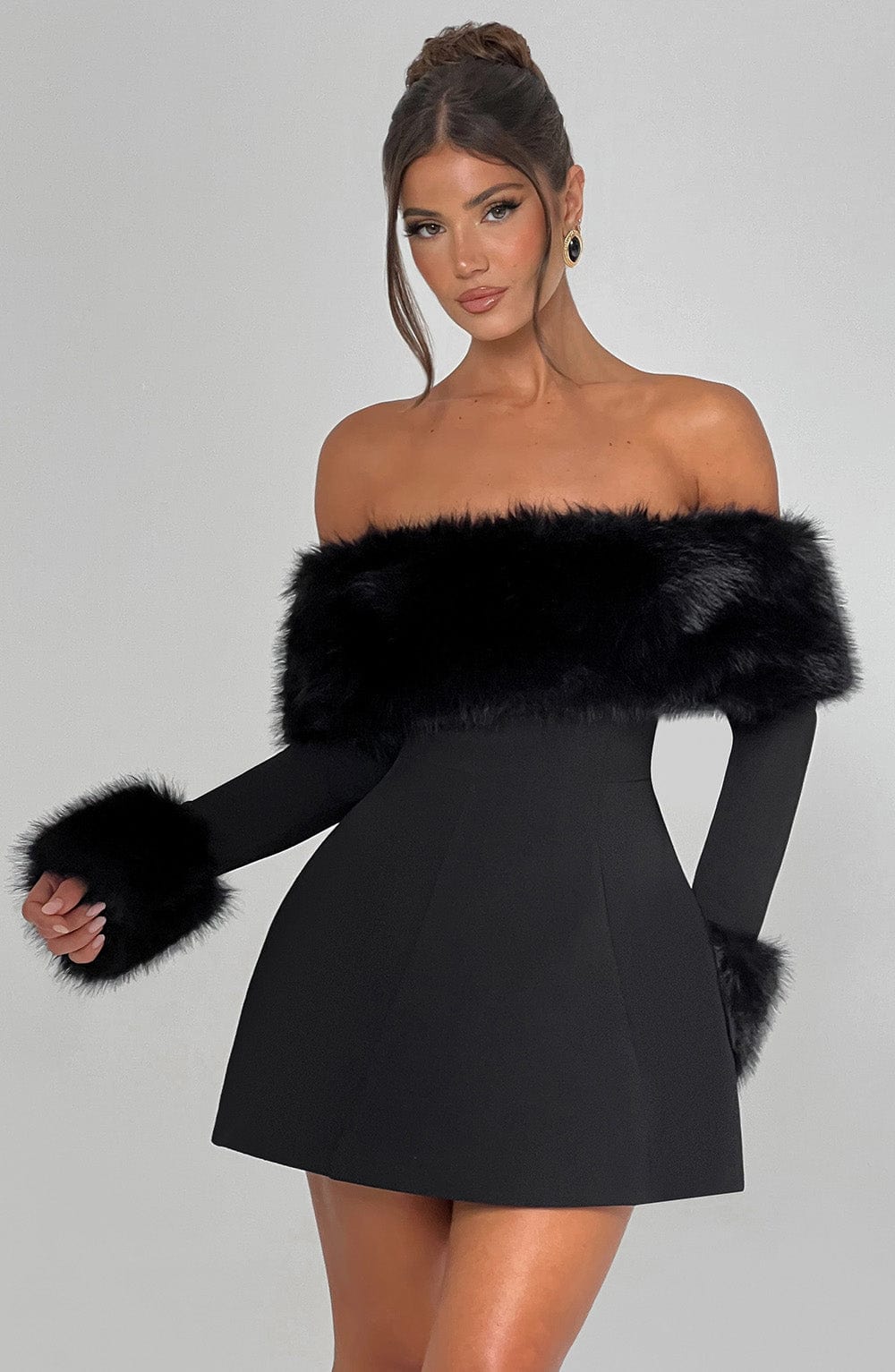 Black off-shoulder mini dress with faux fur bardot neckline and faux fur cuffs - view 6