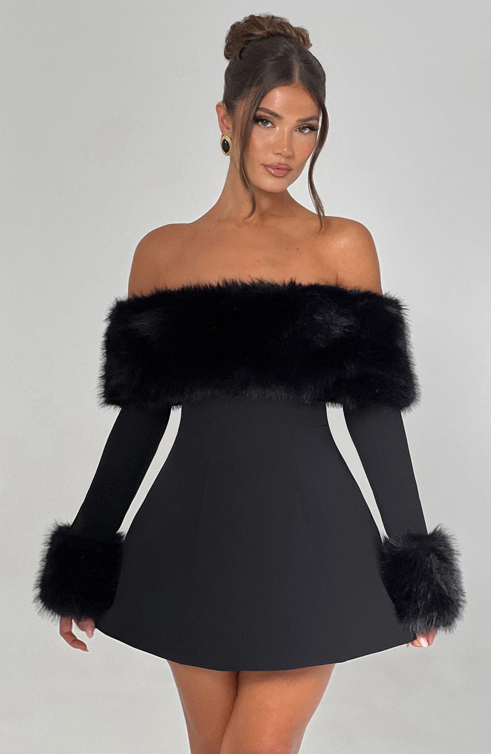 Black off-shoulder mini dress with faux fur bardot neckline and faux fur cuffs - view 7