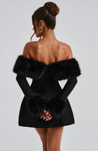 Black off-shoulder mini dress with faux fur bardot neckline and faux fur cuffs - view 8