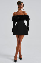 Black off-shoulder mini dress with faux fur bardot neckline and faux fur cuffs - view 9