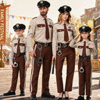 Men's police officer costume with tan shirt, brown tie, brown striped pants, black cap, belt and toy handcuffs