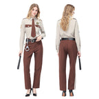 Men's police officer costume with tan shirt, brown tie, brown striped pants, black cap, belt and toy handcuffs - view 2