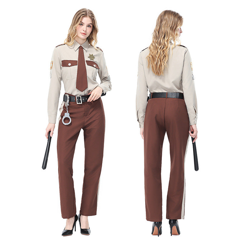 Men's police officer costume with tan shirt, brown tie, brown striped pants, black cap, belt and toy handcuffs - view 2