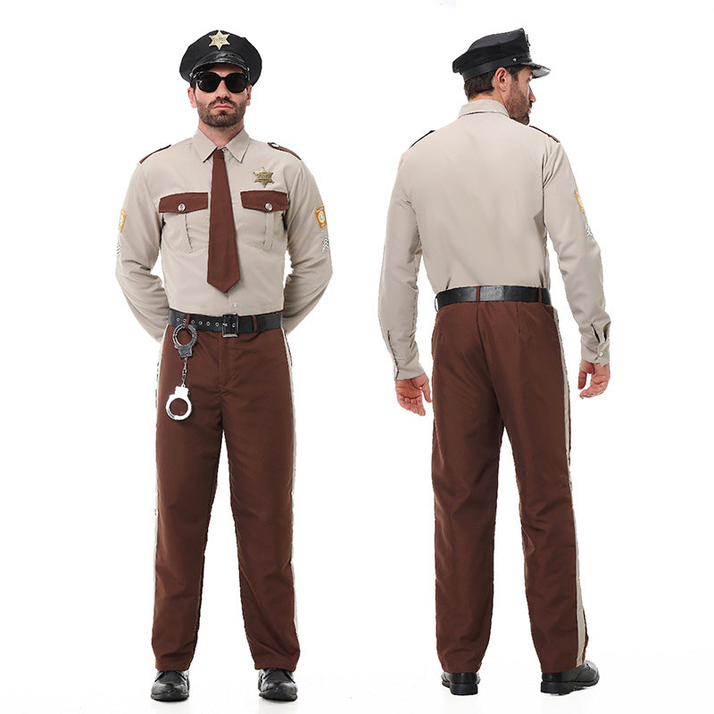 Men's police officer costume with tan shirt, brown tie, brown striped pants, black cap, belt and toy handcuffs - view 3